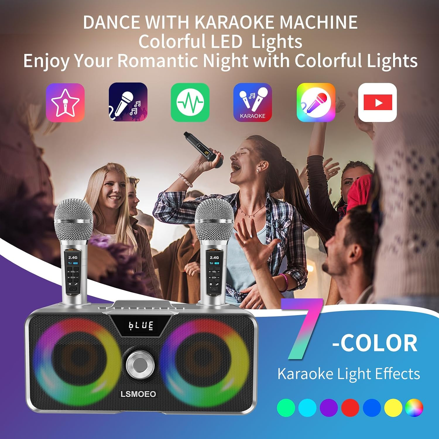 Portable Bluetooth Karaoke Machine with 2 UHF Wireless Microphones, LED Party Lights and Phone Holder – Grey