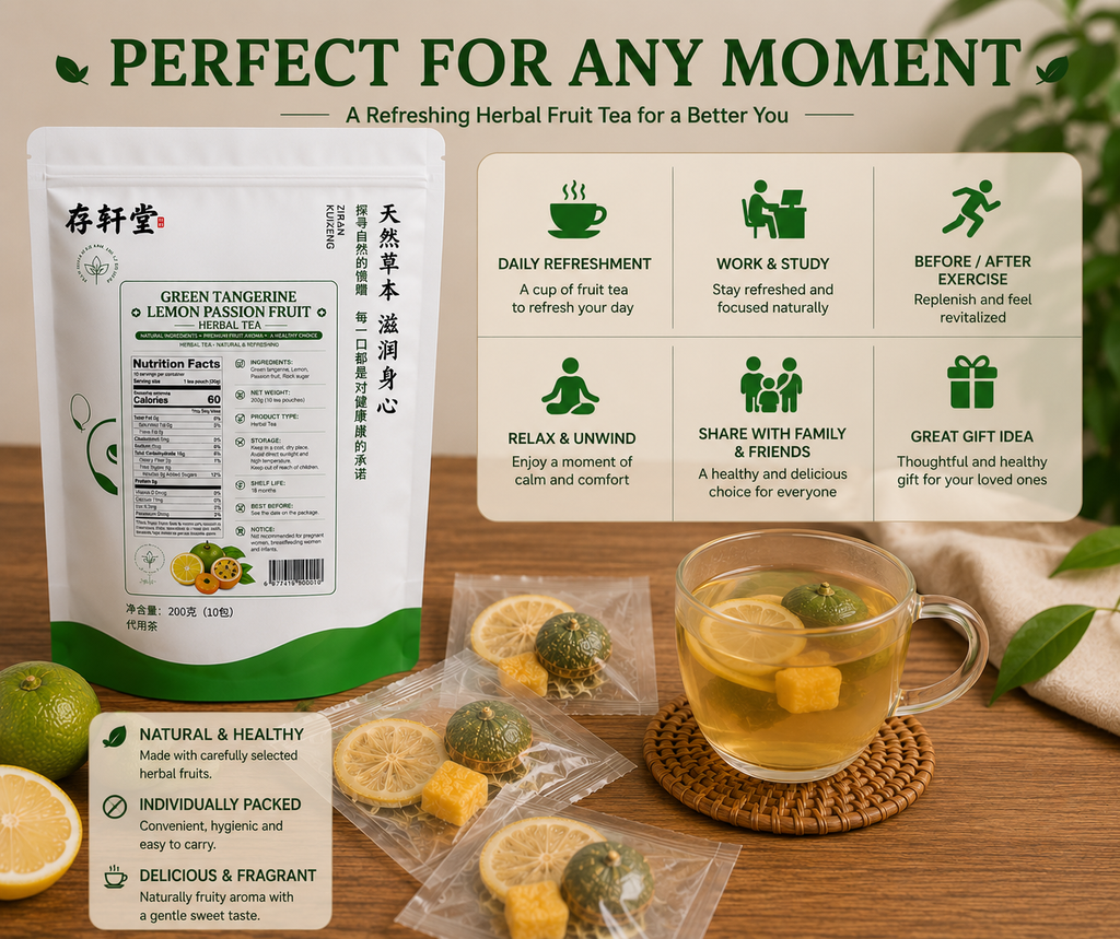 Green Tangerine Lemon Passion Fruit Herbal Tea, Freeze-Dried Fruit Tea, 10 Individually Wrapped Tea Pouches, 200g Resealable Bag