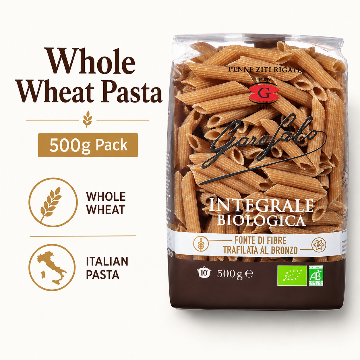 Whole Wheat Penne Rigate Pasta, Durum Wheat Semolina Pasta, Italian Style Pasta