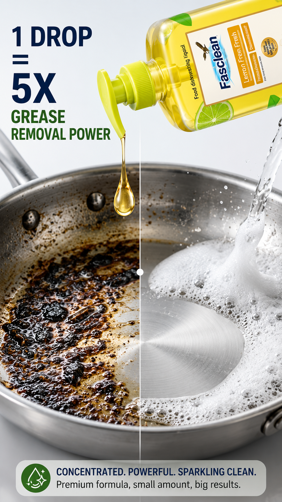 Fasclean Lemon Dishwashing Liquid 1L, Concentrated Kitchen Dish Soap for Grease Cleaning & Everyday Dish Care