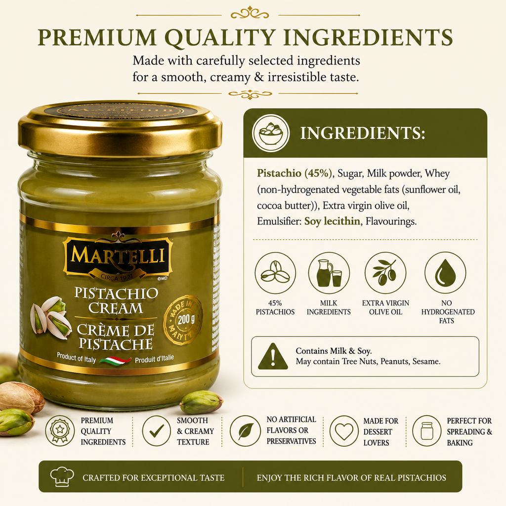 Martelli Pistachio Cream 200g, 45% Pistachios, Smooth & Creamy Spread for Toast, Desserts & Baking, Best Before Jan 22, 2027