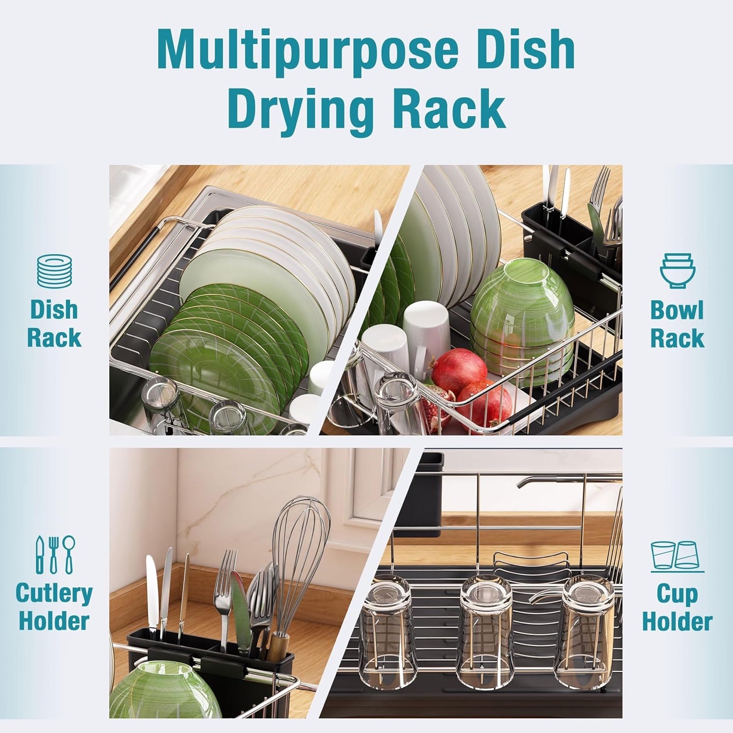 Adjustable Sink Dish Drying Rack – Over Sink & Countertop Dish Drainer with Automatic Drainage for Kitchen