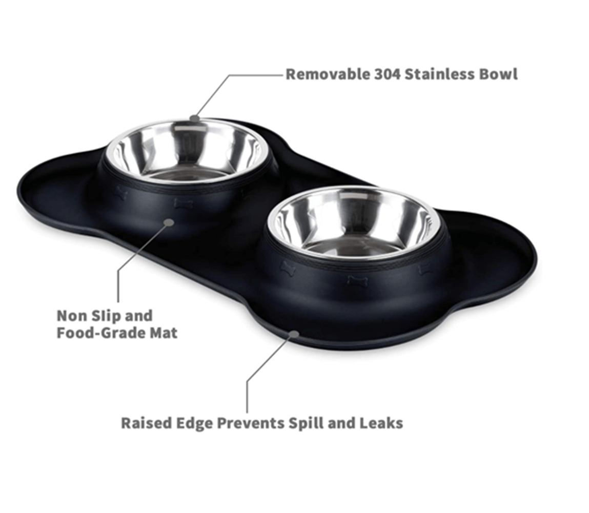 Double Dog Bowl Set with Silicone Mat – Stainless Steel Pet Food and Water Bowls for Small Dogs