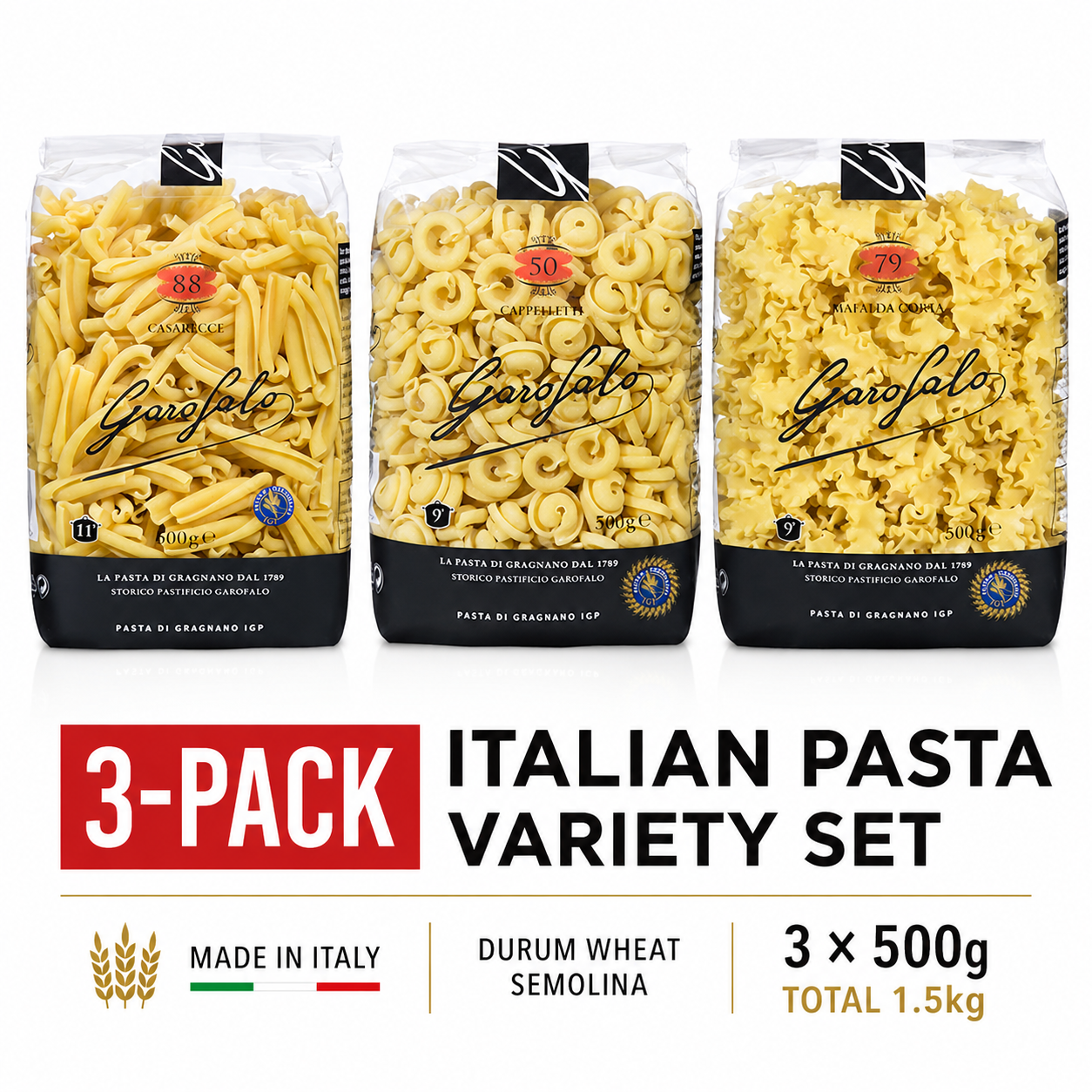 Garofalo Italian Pasta Variety Pack – No. 50 Cappelletti, No. 79 Mafalda Corta & No. 88 Casarecce, 3-Pack Durum Wheat Semolina Pasta, Imported Italian Pasta Selection