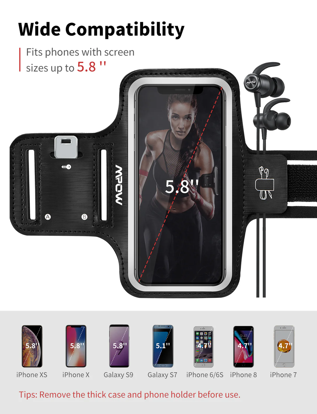 Running Phone Armband, Universal Sports Arm Band Phone Holder with Adjustable Strap, Sweat Resistant Workout Armband for Gym, Running, Cycling, Compatible with Most Smartphones
