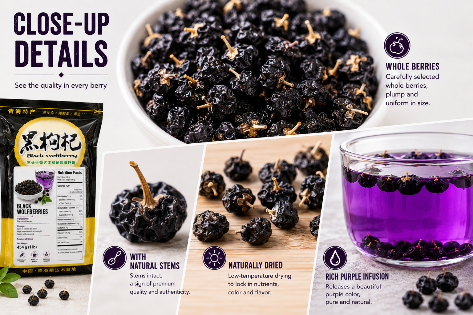 Dried Black Wolfberries Herbal Tea – Premium Whole Black Goji Berries for Hot & Cold Water Infusion, 454g (1 lb)