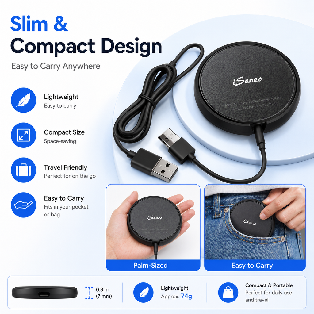 iSeneo WaveCharger 228 Magnetic Wireless Charger Pad with USB-C Cable, 15W Max Fast Charging, Black