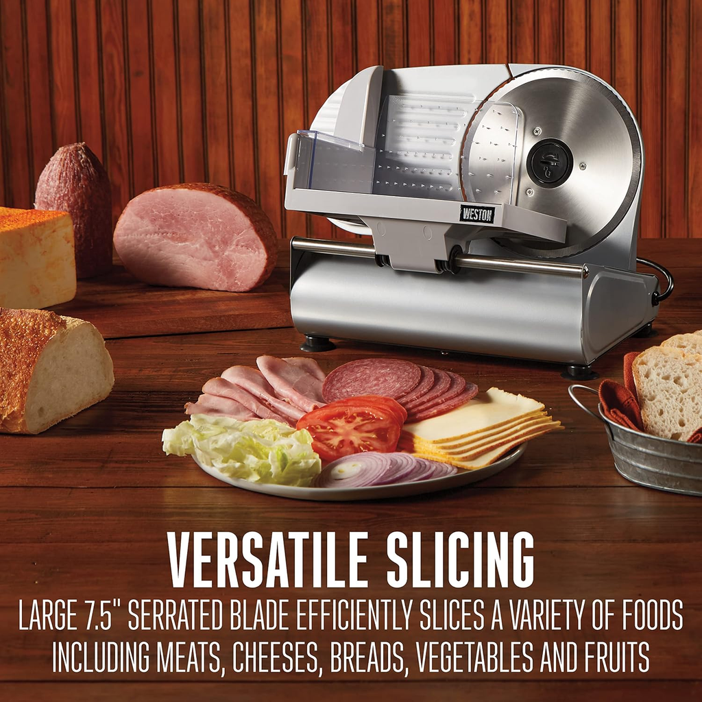 Weston Electric Meat Slicer, 7.5-Inch Stainless Steel Blade, Adjustable Thickness, 200W – Silver (61-0750-W)
