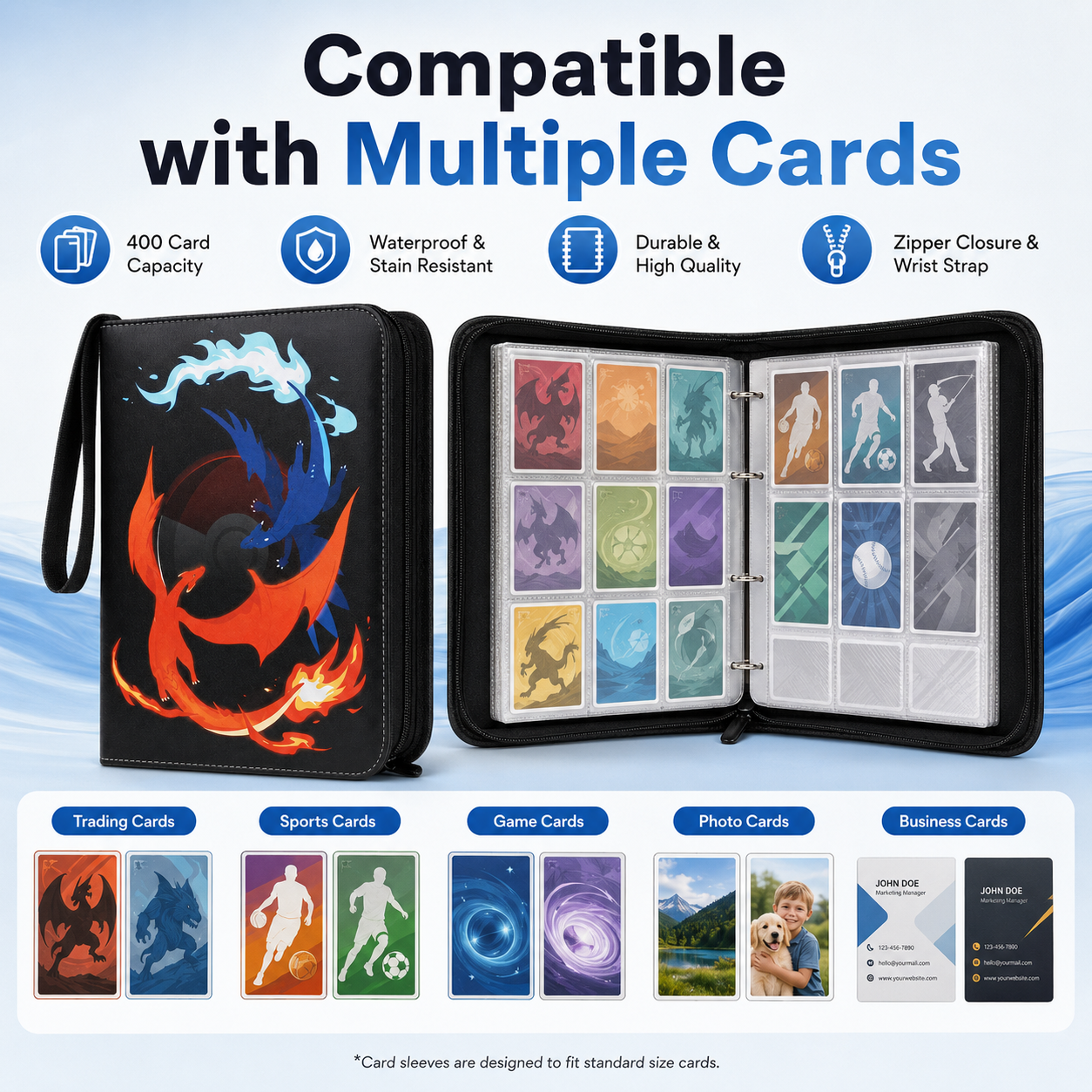 4-Pocket Trading Card Binder with 50 Removable Sleeves, Up to 400-Card Capacity, Zipper Closure & Wrist Strap