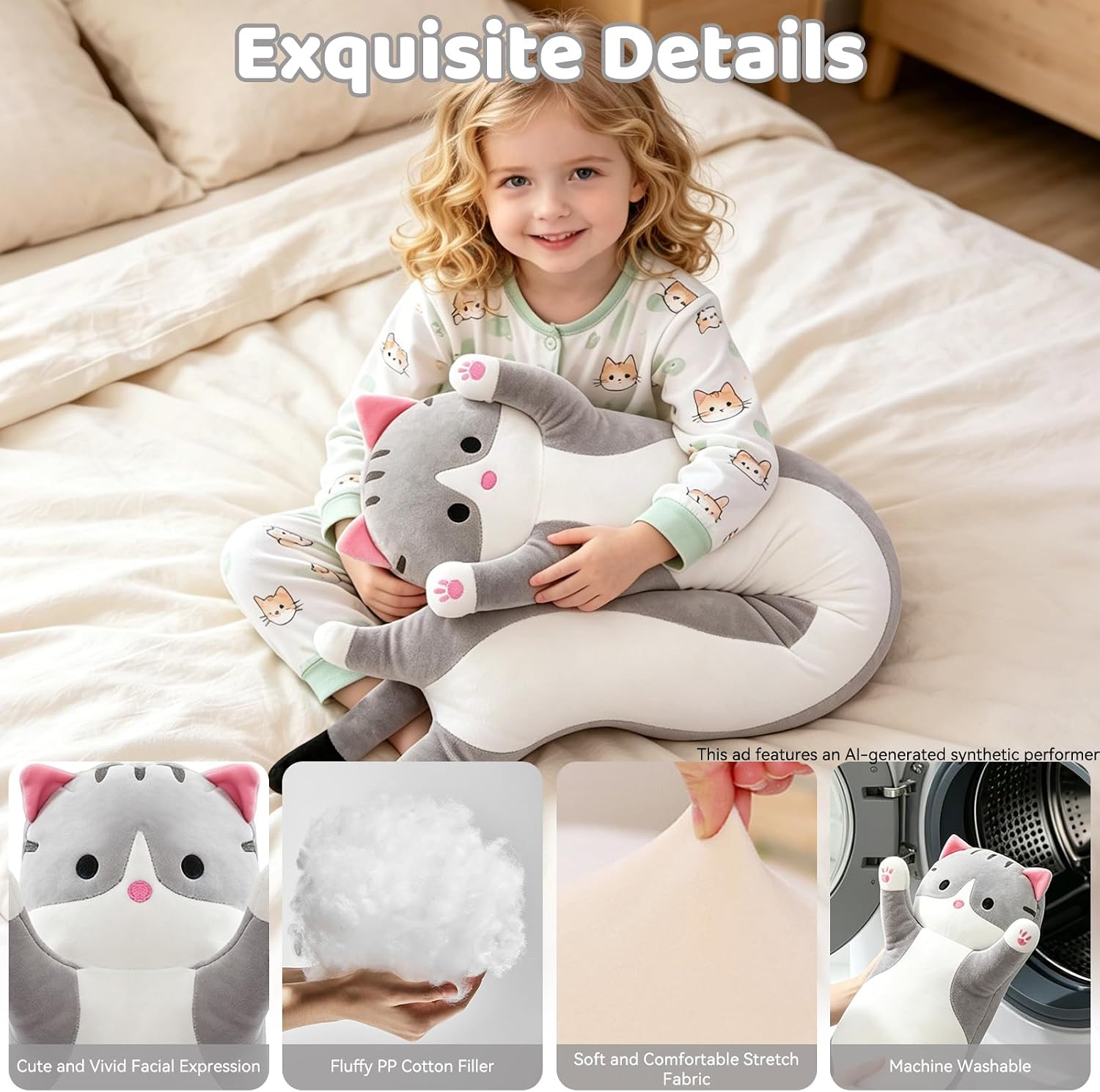 Long Cat Plush Body Pillow, Soft Stuffed Animal Cuddle Toy, 19.6 Inch, Gray or Pink