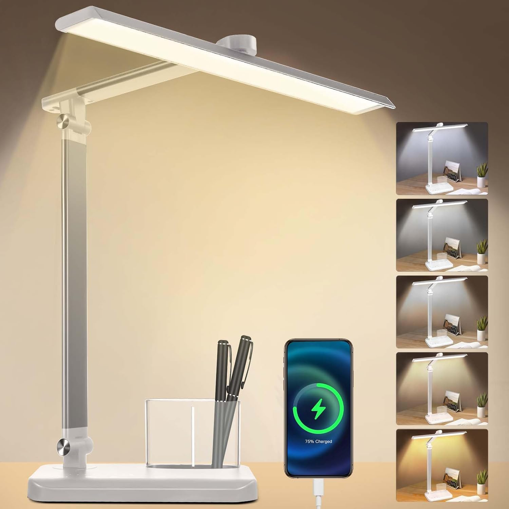Silver White LED Desk Lamp with USB Charging Port – Adjustable Touch Control Table Lamp