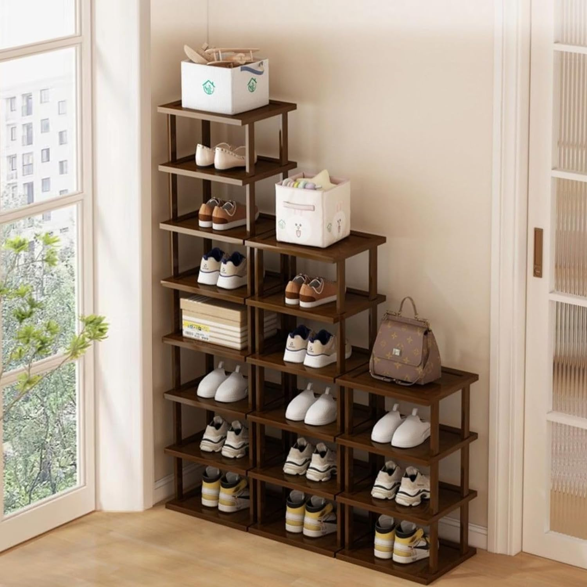 12-Tier Bamboo Shoe Rack – Stackable Freestanding Shoe Storage Organizer