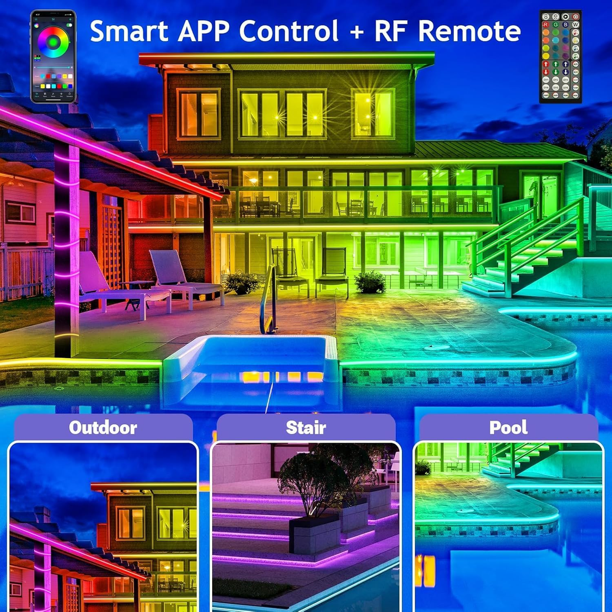 200FT Outdoor IP68 Waterproof RGB LED Strip Lights with App & Remote Control, Music Sync