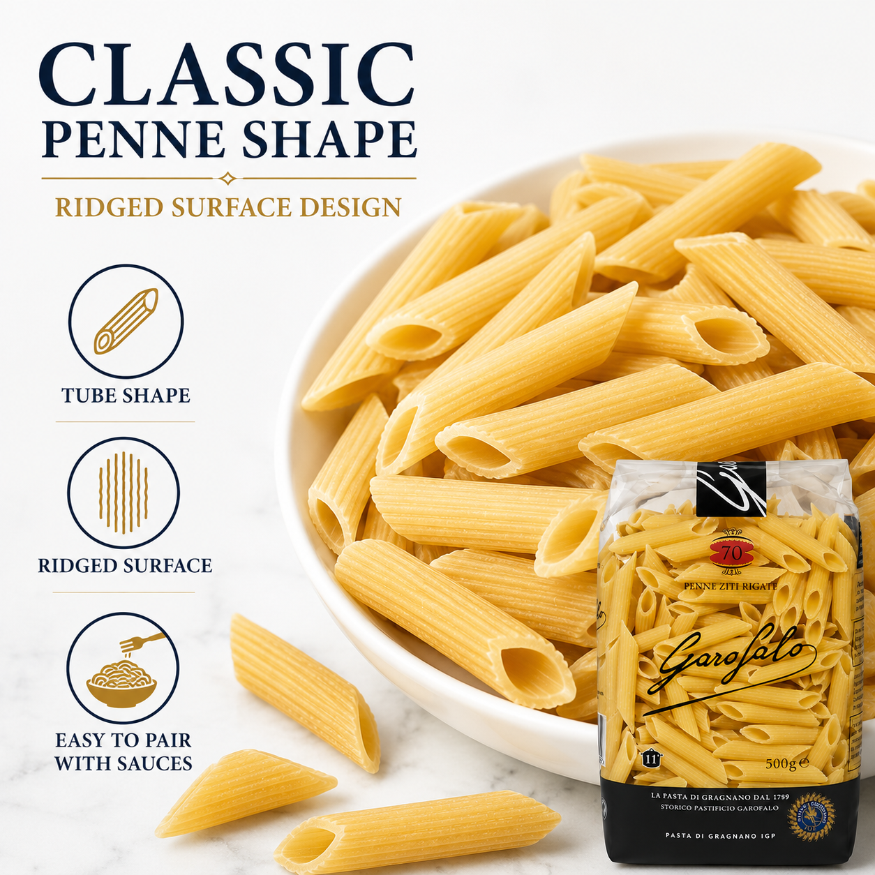 Penne Rigate Pasta, 2-Pack Durum Wheat Semolina Pasta, Italian Style Tube Pasta, 500g Each