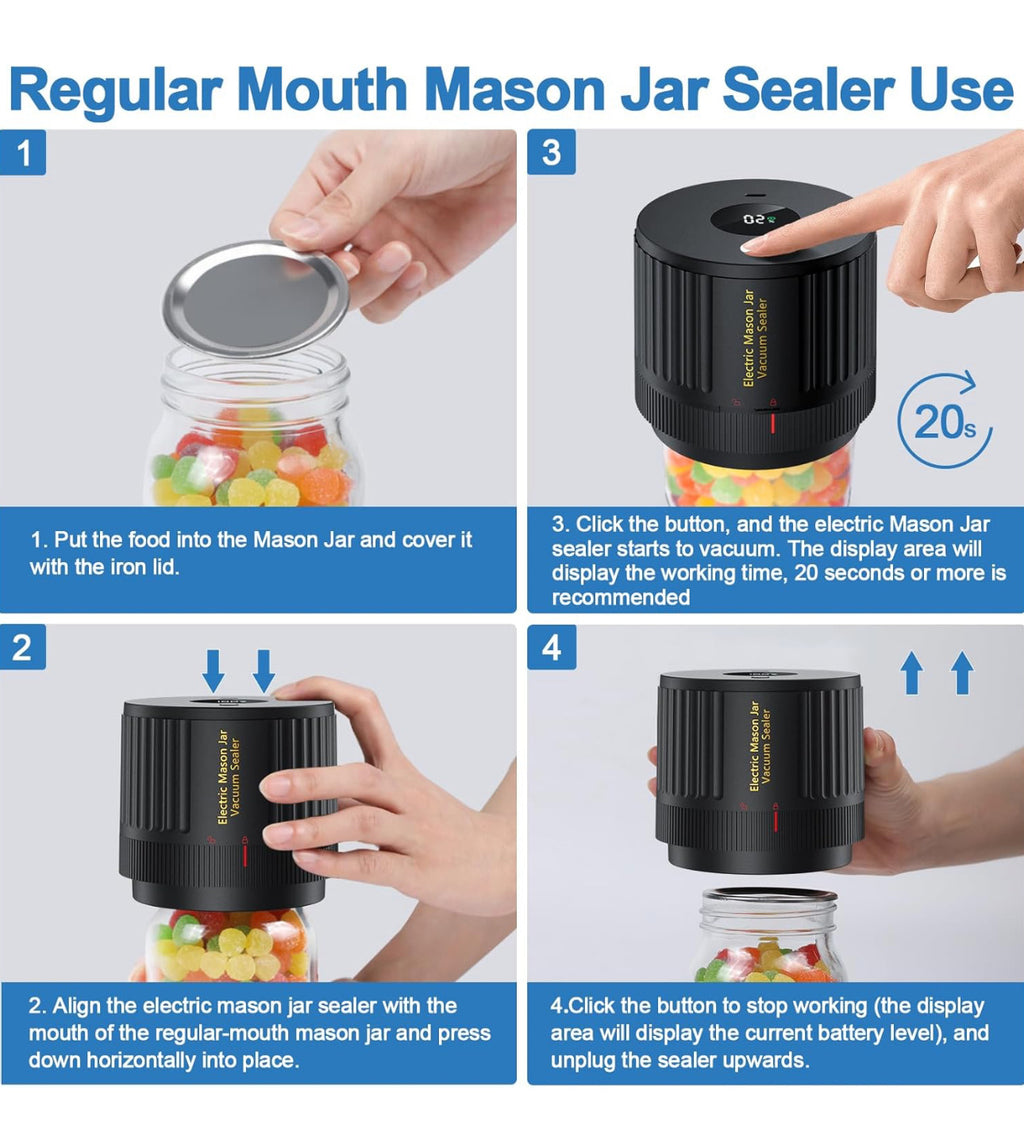 Electric Mason Jar Vacuum Sealer Kit – Portable Food Storage Vacuum Pump with 10 Lids for Regular & Wide Mouth Jars