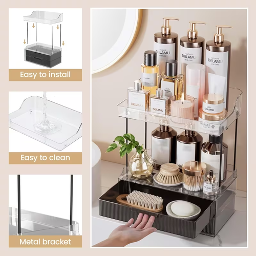 2-Tier Makeup Organizer with Drawers – Large Capacity Bathroom Counter Organizer, Skincare & Cosmetic Storage Display Stand