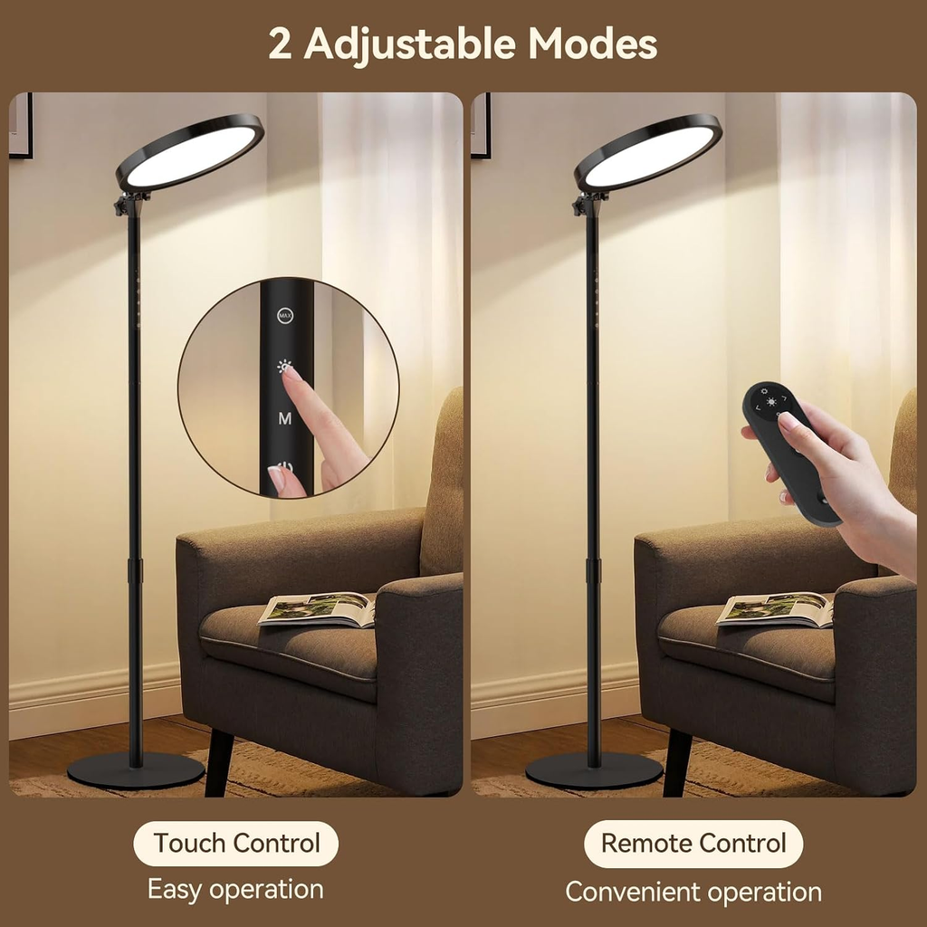 12000 Lux UV-Free Full Spectrum Floor Lamp with Remote, Touch Control, Adjustable Height, Timer, 4 Color Temperatures & 5 Brightness Levels