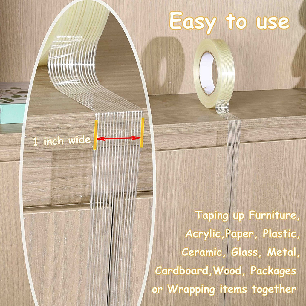 Bomei Pack 1-Inch Fiberglass Reinforced Filament Tape, 25 m per Roll, 10-Roll Pack, Clear Mesh Tape for Packing, Bundling and Repairs (B05023)