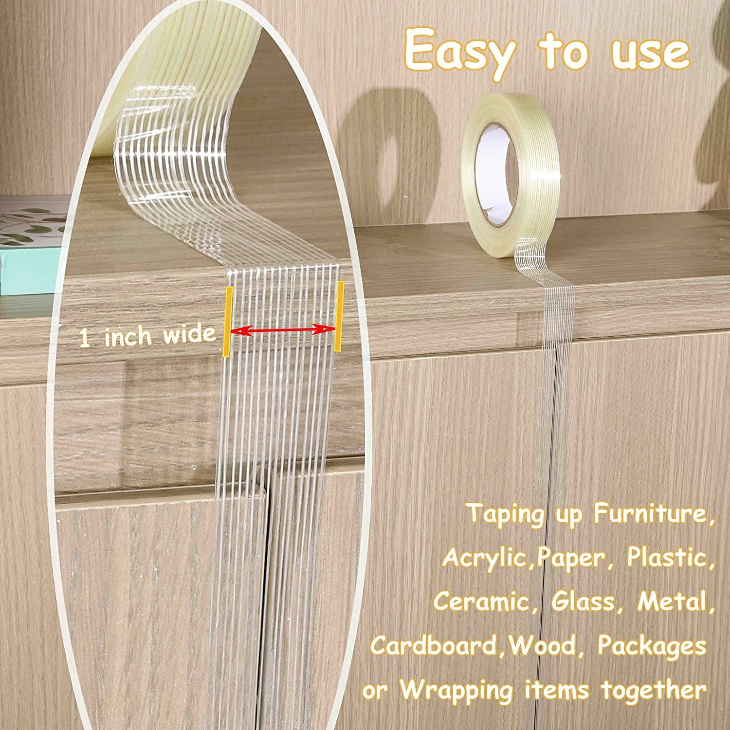 Bomei Pack 1-Inch Fiberglass Reinforced Filament Tape, 25 m per Roll, 10-Roll Pack, Clear Mesh Tape for Packing, Bundling and Repairs (B05023)