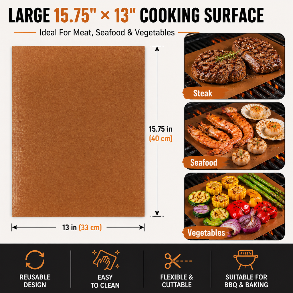 2PCS 15.75×13in Reusable Non-Stick Grill Mats, Heat Resistant BBQ & Baking Cooking Sheets, Easy Clean Copper Grill Mat