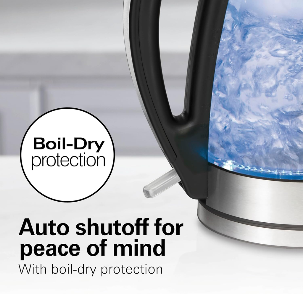 Open Box Hamilton Beach 1.7L Electric Glass Kettle, 1500W Fast Boiling Water Boiler with LED Indicator, Mesh Filter, Auto Shut-Off and Boil-Dry Protection, Black