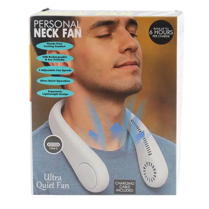 Portable Rechargeable Neck Fan, Hands-Free Personal Cooling Fan with 3 Speed Settings, Lightweight Wearable Fan for Indoor & Outdoor Use