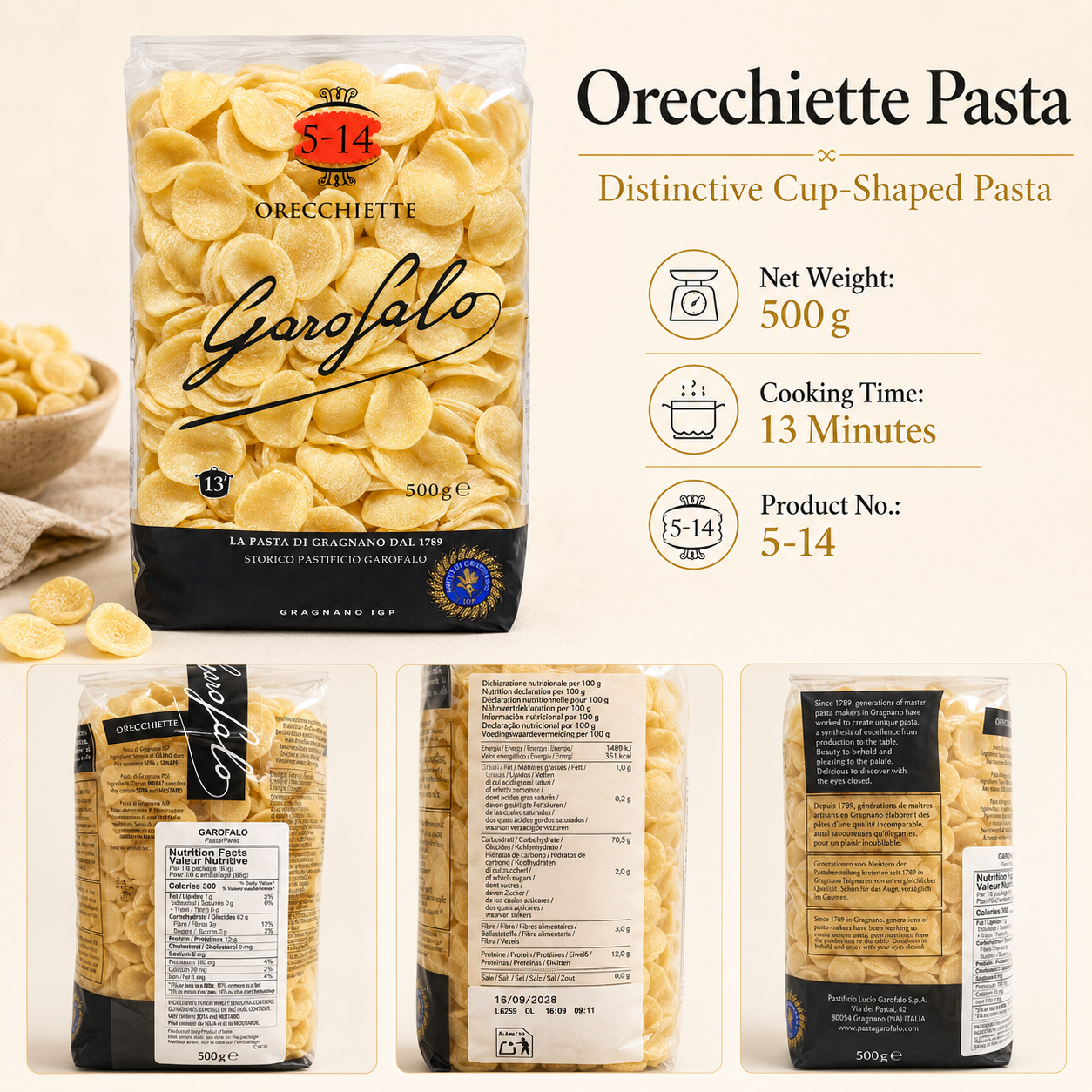 Garofalo Orecchiette Pasta 500g x 2 Packs – Cup-Shaped Durum Wheat Pasta, 13-Minute Cooking Time