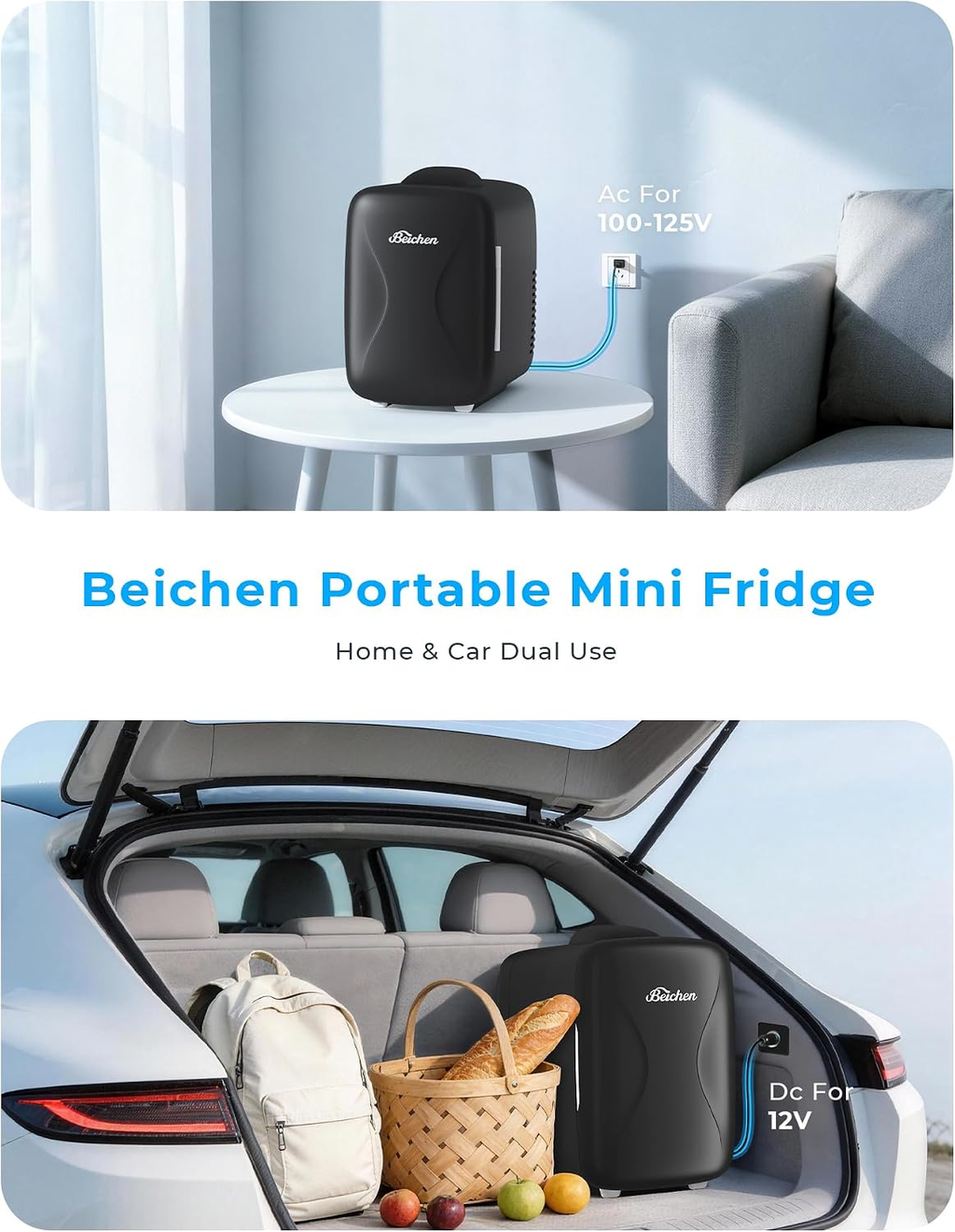 BEICHEN 4L Portable Mini Fridge, 6-Can Cooler & Warmer for Skincare, Bedroom, Office & Car – Black