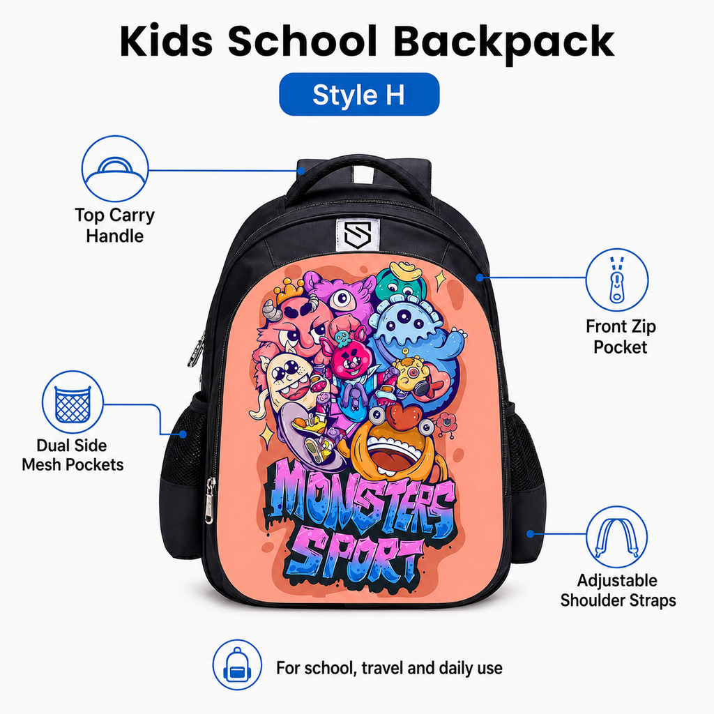 Kids Cartoon Monster Print School Backpack with Front Zip Pocket and Dual Side Mesh Pockets, 15.75 x 12.99 x 7.87 in, Style H