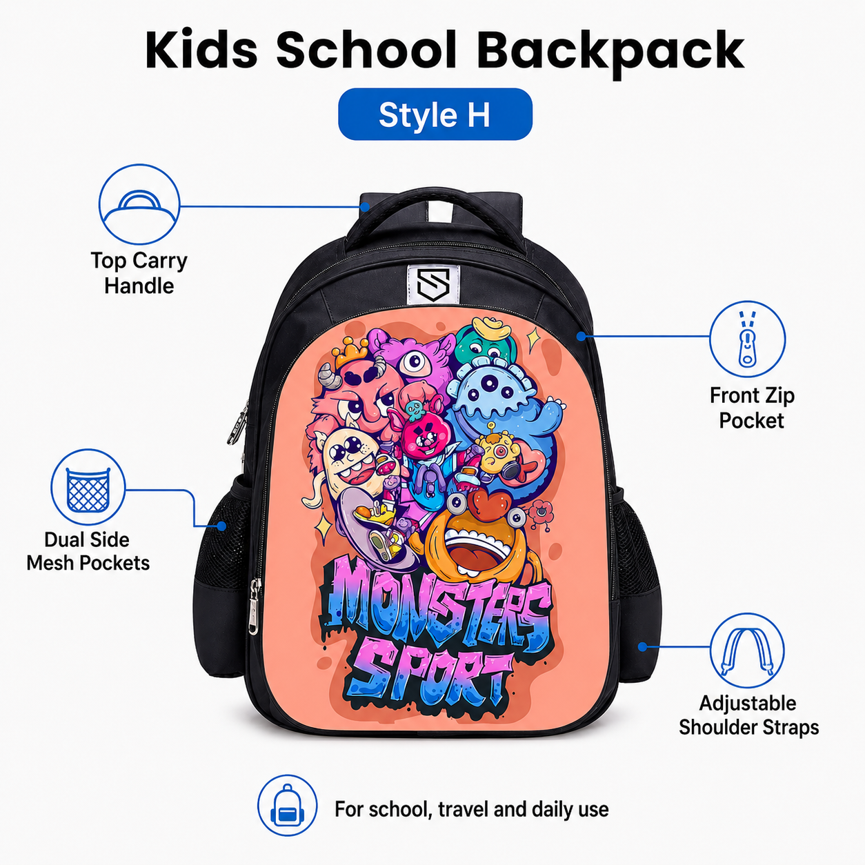 Kids Cartoon Monster Print School Backpack with Front Zip Pocket and Dual Side Mesh Pockets, 15.75 x 12.99 x 7.87 in, Style H