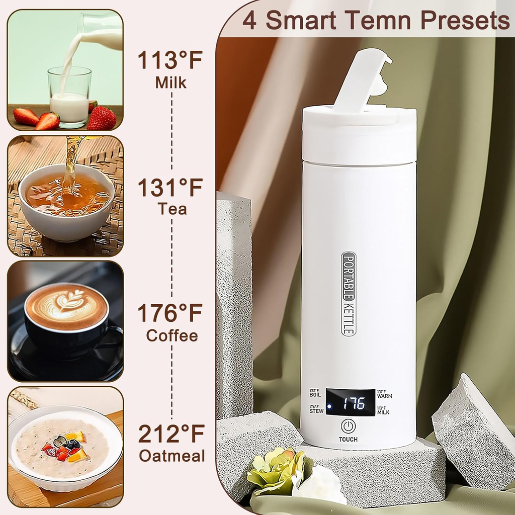 400ml Portable Electric Travel Kettle with 4 Temperature Settings and Digital Display – White