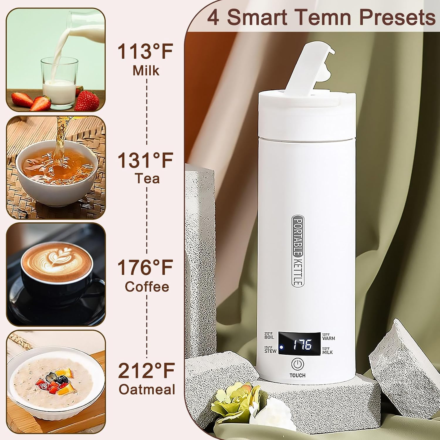 400ml Portable Electric Travel Kettle with 4 Temperature Settings and Digital Display – White