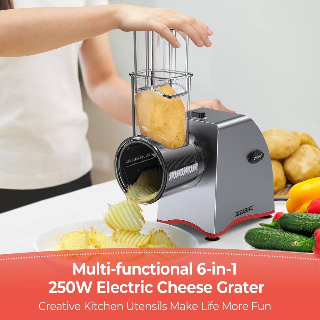250W Electric Cheese Grater & Salad Maker with 6 Blades, Multi-Function Vegetable Slicer & Shredder for Cheese, Fruits, Nuts