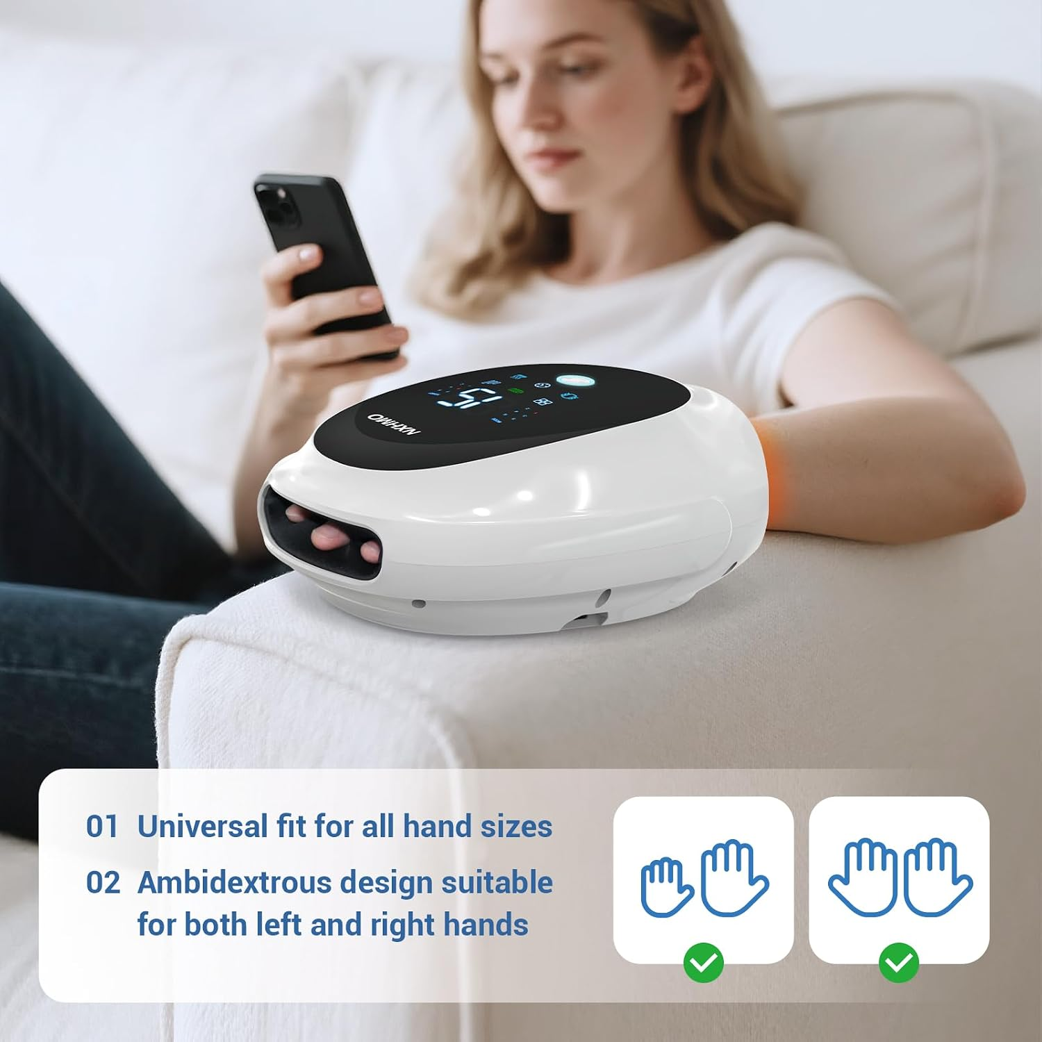 Cordless Hand Massager with Heat, Air Compression, Vibration, 6 Modes and LCD Display – White