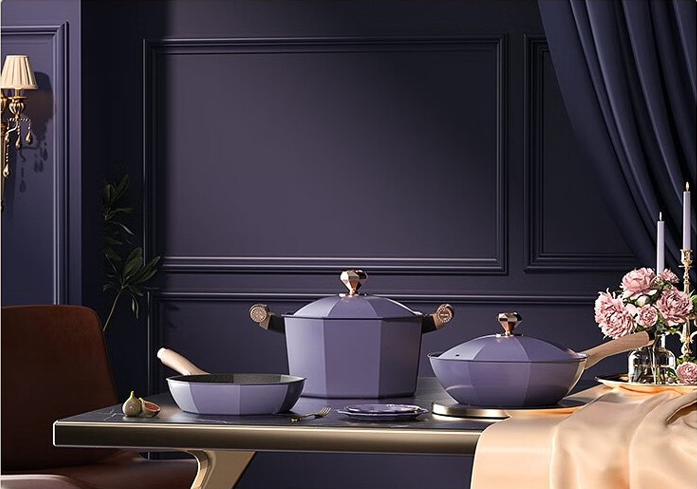 3-Piece Octagonal Nonstick Cookware Set – Lavender Purple Kitchen Pots & Pan Set with Lid, Premium Multi-Layer Bottom, Elegant Sapphire Diamond Design
