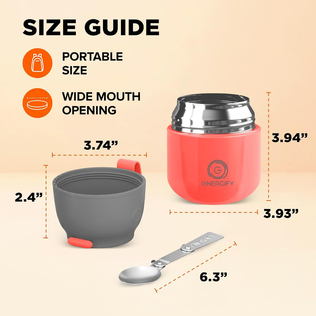 Energify 12 oz Vacuum Insulated Stainless Steel Food Jar with Folding Spoon – Coral Red or Mint Green