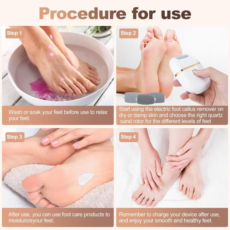 Electric Foot Callus Remover, Callus Remover for Feet, Pedicure Tools for Feet Rechargeable Waterproof, Waterproof, 2 Speeds, 3 Grinding Head Replacement Set - White