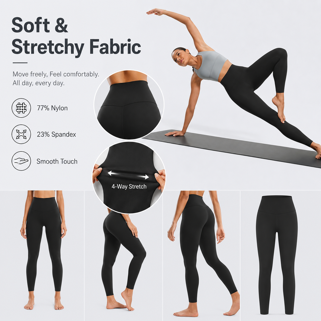 Women’s High-Waisted Full-Length Yoga Leggings, Stretchy Nylon Spandex Workout Pants, Black, Sizes XS–S