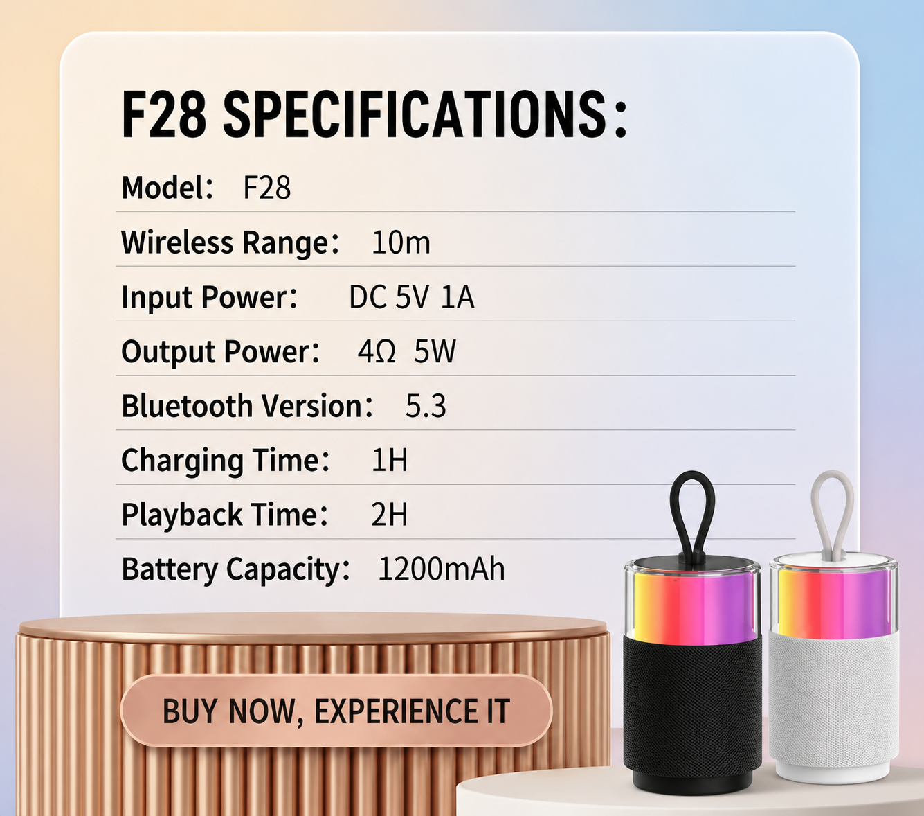Portable Bluetooth Speaker with RGB Ambient Light, TF Card Support, USB-C Rechargeable Wireless Speaker