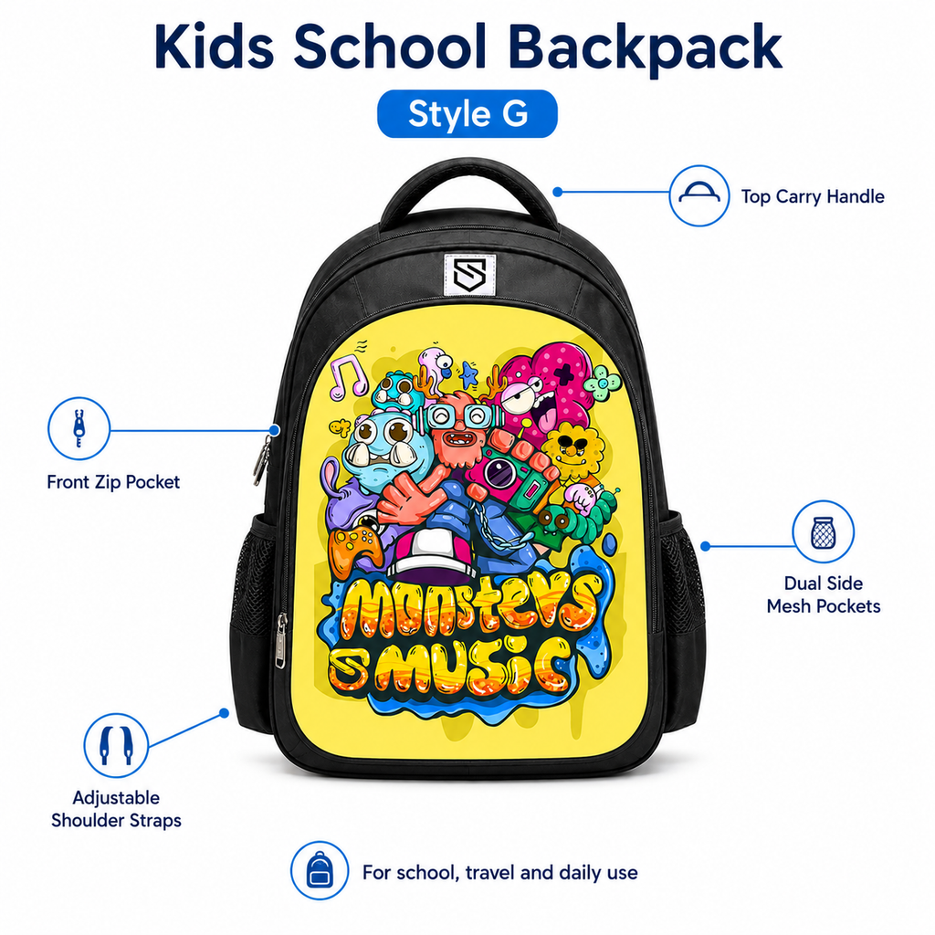 Kids Cartoon Print School Backpack with Front Zip Pocket and Dual Side Mesh Pockets, 15.75 x 12.99 x 7.87 in, Style G