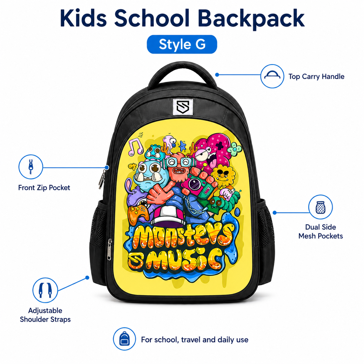 Kids Cartoon Print School Backpack with Front Zip Pocket and Dual Side Mesh Pockets, 15.75 x 12.99 x 7.87 in, Style G