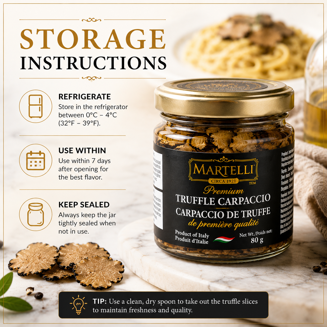 Martelli Premium Truffle Carpaccio 80g, Black Truffle Slices in Water, Ready to Use, Best Before Mar 30, 2030