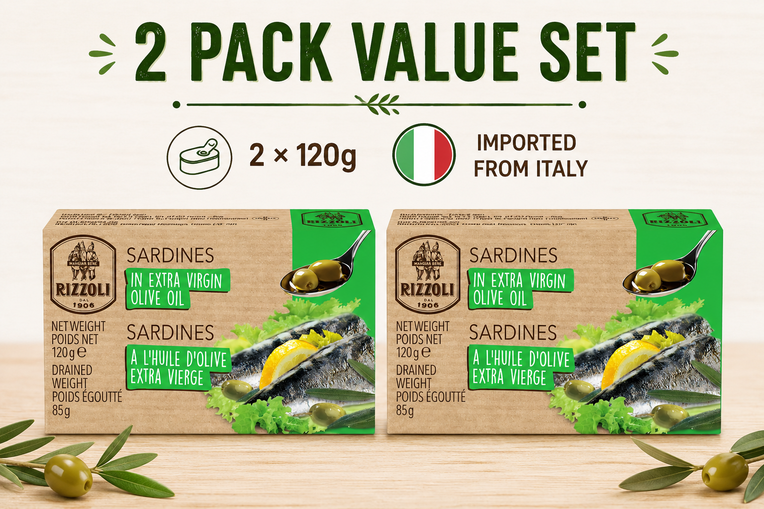 Rizzoli Sardines in Extra Virgin Olive Oil, 2-Pack Canned Sardines, Imported Italian Sardines, Ready to Eat Seafood