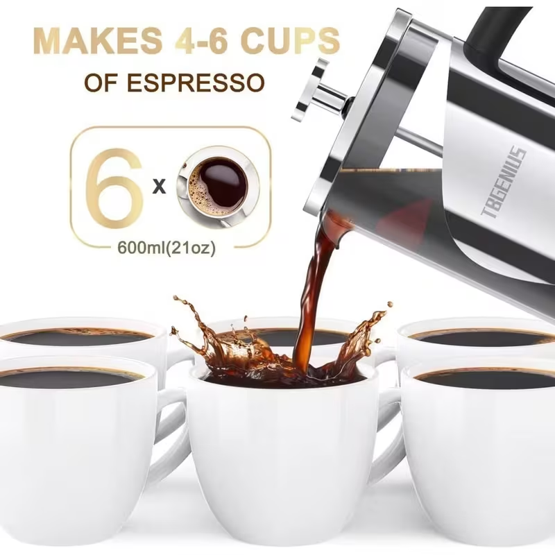 600ML French Press Coffee Maker – Stainless Steel & Glass Coffee Press with 4-Level Filtration for Coffee & Tea