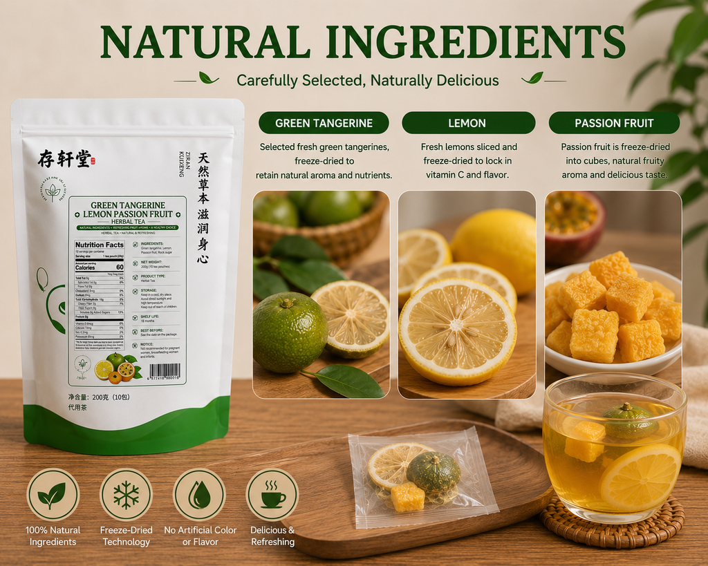Green Tangerine Lemon Passion Fruit Herbal Tea, Freeze-Dried Fruit Tea, 10 Individually Wrapped Tea Pouches, 200g Resealable Bag
