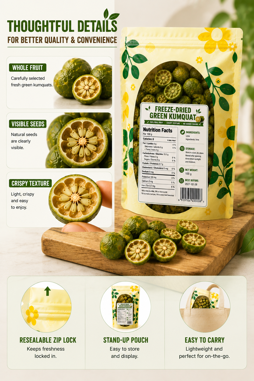 Freeze-Dried Green Kumquat | 100g Crispy Citrus Snack for Tea, Drinks & Baking