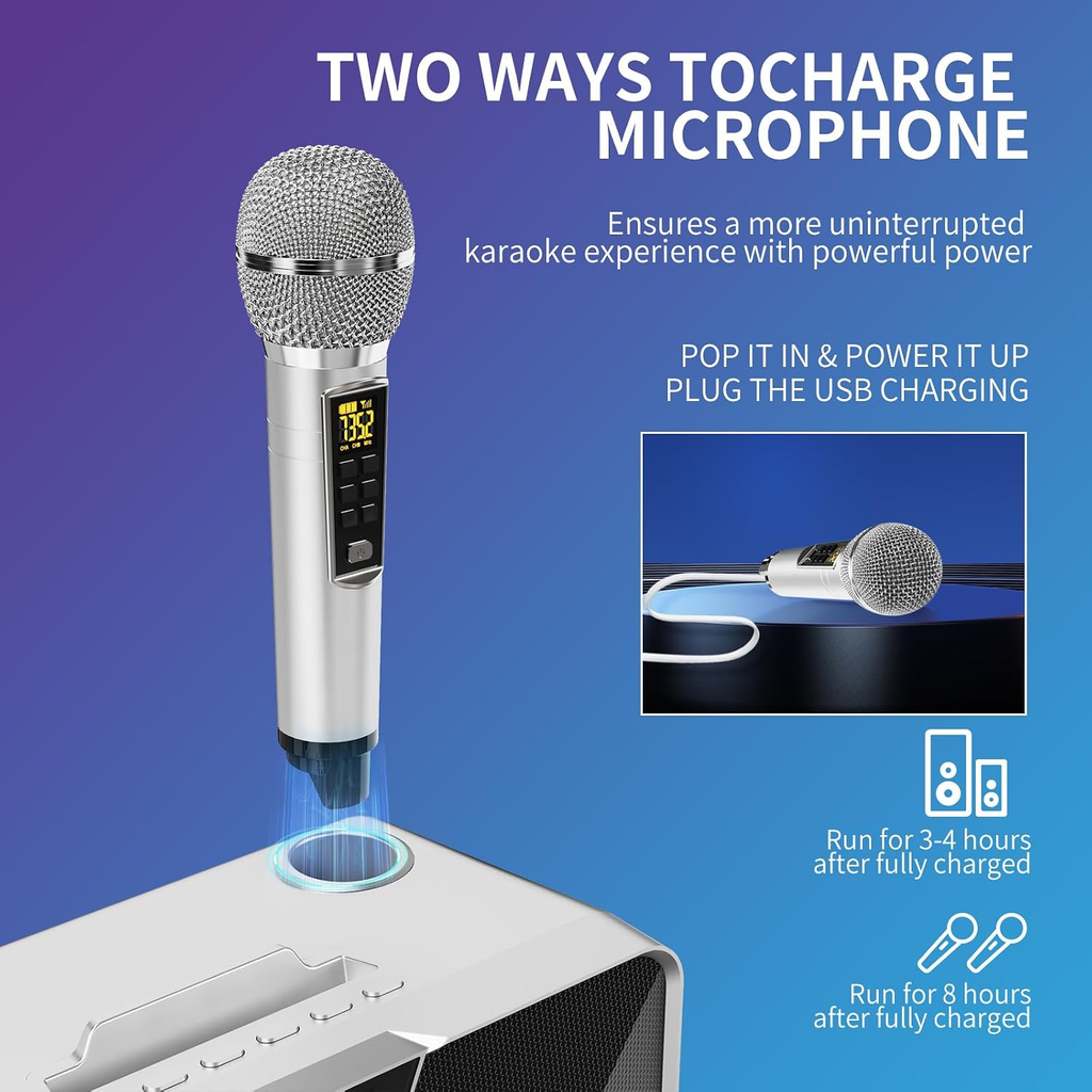 Portable Bluetooth Karaoke Machine with 2 UHF Wireless Microphones, LED Party Lights and Phone Holder – Grey