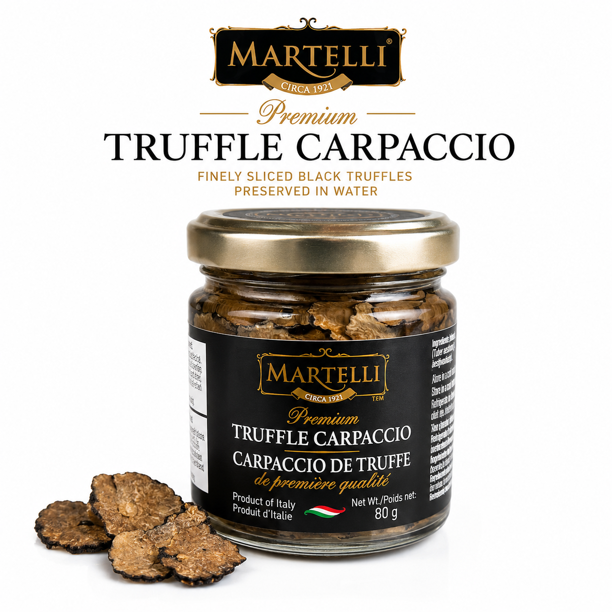 Martelli Premium Truffle Carpaccio 80g, Black Truffle Slices in Water, Ready to Use, Best Before Mar 30, 2030