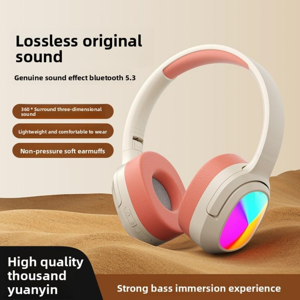 Bluetooth 5.3 Over-Ear Headphones with RGB Lighting – Cream