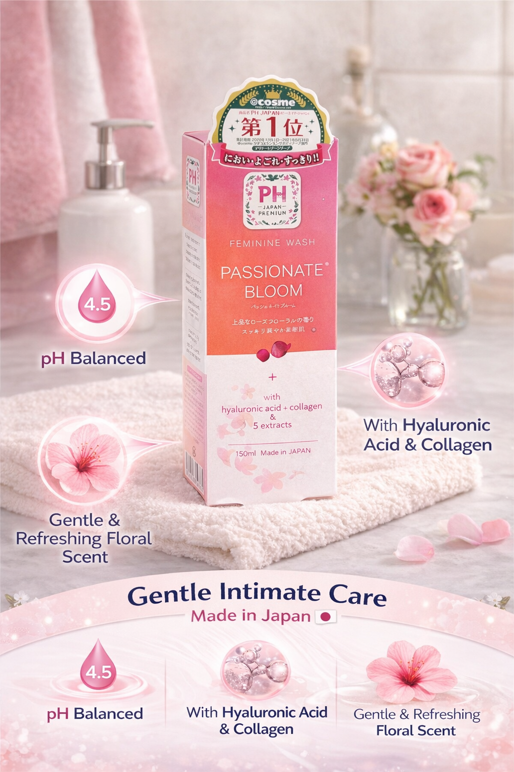 PH Japan Premium Feminine Wash – Passionate Bloom Intimate Cleanser with Hyaluronic Acid & Collagen (150ml)